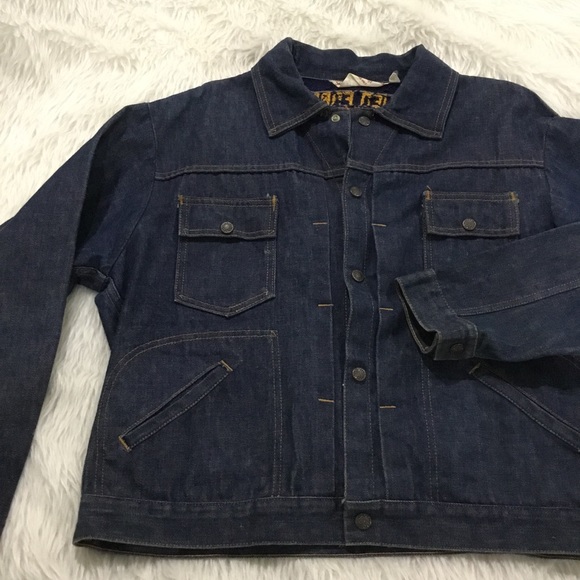 Vintage screen door threads men’s blue embroidered cross stitch denim ja… - Picture 2 of 7